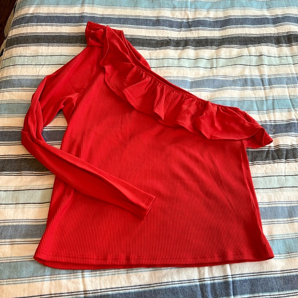J crew XL one shoulder ruffle top blouse ribbed coral red NWT